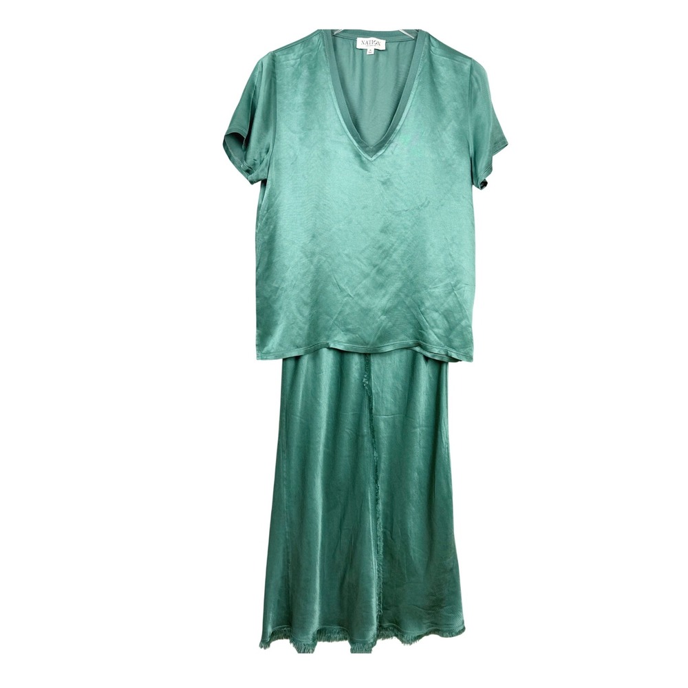 Nation LTD‎ Satin Olive Green June V Neck T-Shirt / Lola Seamed Skirt Set Medium